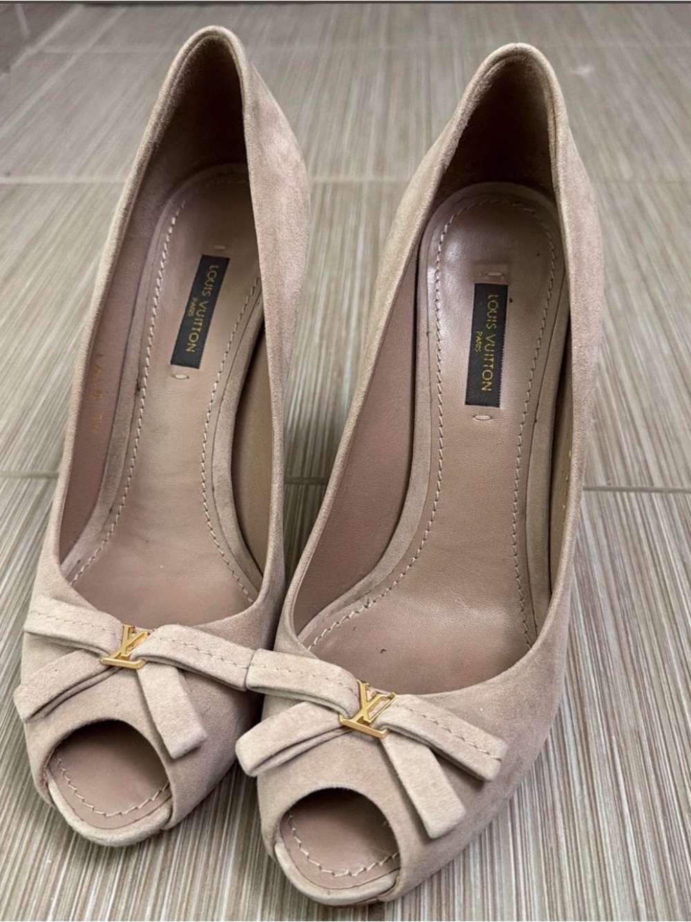 Louis Vuitton Nude Suede Peep-Toe Pumps with Gold LV Accent